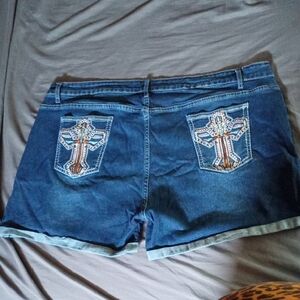 Embroidered Cross Denim Shorts